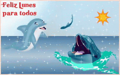 a feliz lunes para todos greeting card with dolphins and a sun