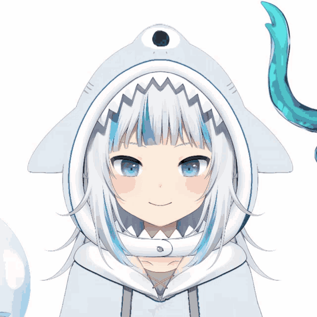 a girl with white hair and blue eyes wearing a shark hood