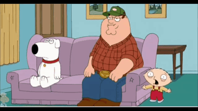 a cartoon of peter griffin sitting on a couch with a white dog