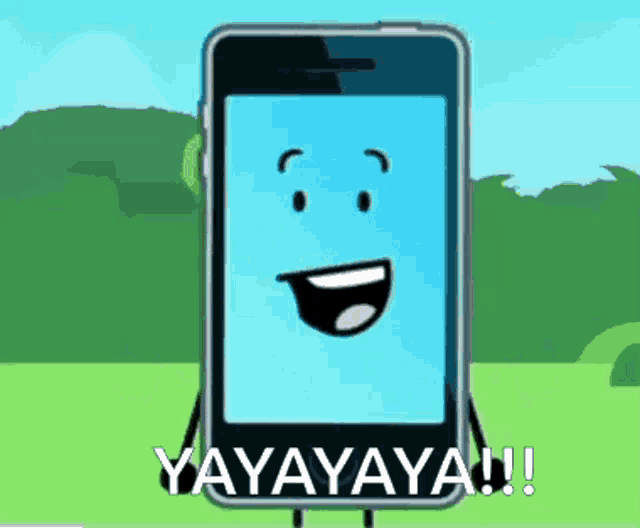 a cartoon cell phone with a face and the words yayayaya written below it