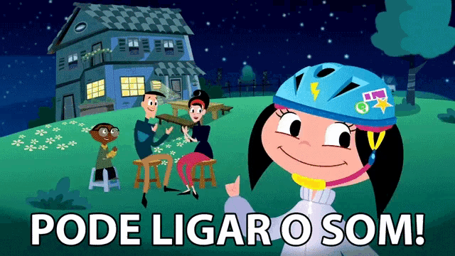 a cartoon of a girl wearing a blue helmet with the words pode ligar o som below her