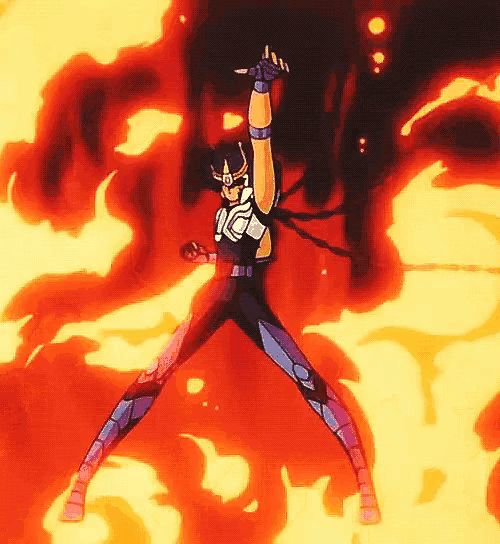 a cartoon character is surrounded by flames and a sword