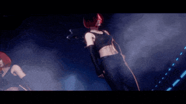 two women with red hair are standing next to each other in the dark