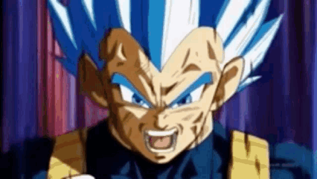a close up of a dragon ball z character with blue and white hair and a purple background .