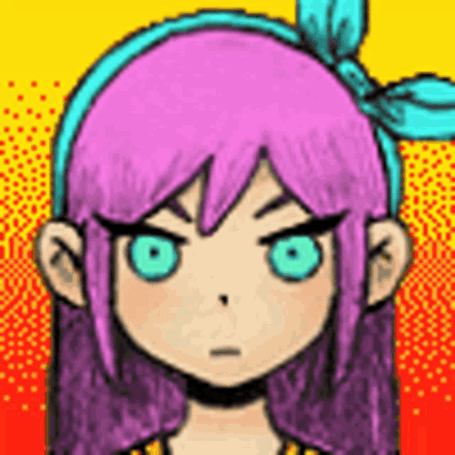 a pixel art illustration of a girl with pink hair and blue eyes .