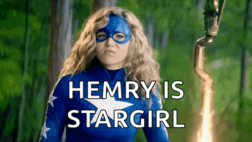 a woman in a superhero costume is holding a torch and the words hemry is stargirl are above her .