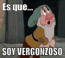 a cartoon character with the words es que soy vergonzoso on the bottom