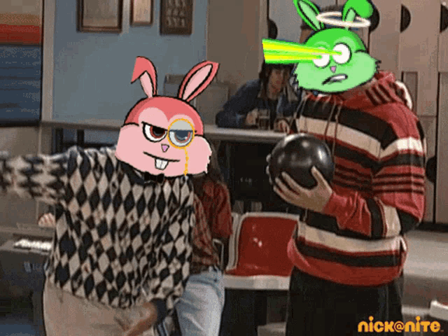 a man holding a bowling ball with a nick @ nite logo in the background