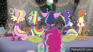 a group of my little pony characters are dancing on a stage .