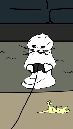 a cartoon of a cat playing a video game next to a dead crocodile