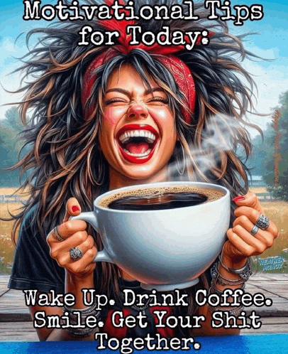 a woman is holding a cup of coffee and laughing with motivational tips for today