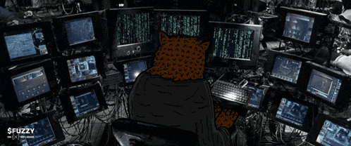 a cartoon drawing of a cat sitting in front of a bunch of computer monitors with the words $ fuzzy on the bottom