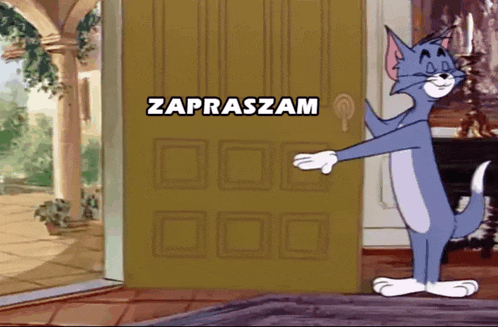 a cartoon of a cat standing in front of a door that says zapraszam