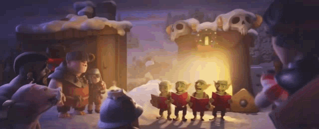 a group of cartoon characters singing christmas carols in the snow .