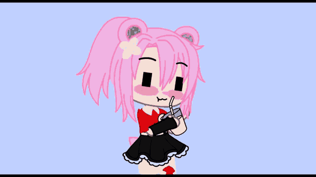 a girl with pink hair and a flower in her hair is drinking from a straw