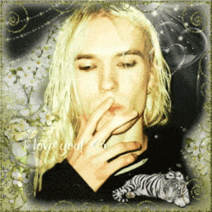 a man with long blonde hair is smoking a cigarette with the words i love you written below him