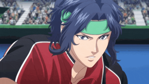 a man with blue hair wearing a green headband and a red shirt