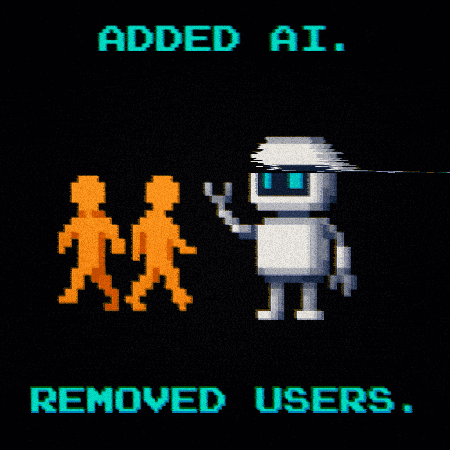 a pixel art of a robot holding a gun with the words added ai removed users