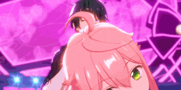 a girl with pink hair and green eyes is standing next to a boy with black hair and pink hair .