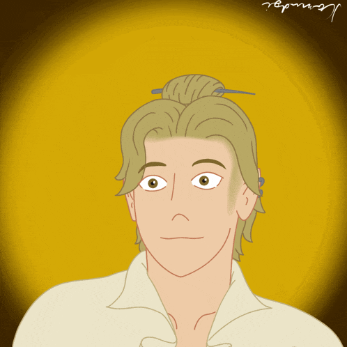 a drawing of a man with his hair in a bun with the name kernadel written on the bottom right