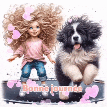 a girl and a dog are jumping on a trampoline with the words bonne journee in the corner