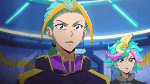 a couple of anime characters standing next to each other one has a purple jacket on