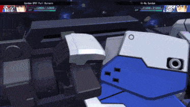 a video game screen shows a battle between hi-no gundam and gundam gp11 full barriers