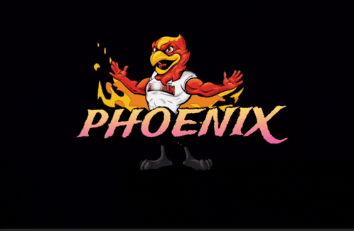 a logo for phoenix with a cartoon phoenix on a black background