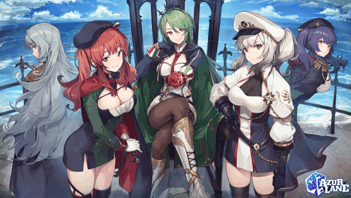 a group of anime girls standing next to each other with azur lane written on the bottom right