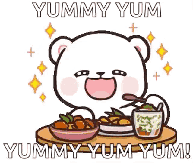 a cartoon bear is sitting at a table eating food and drinking tea .