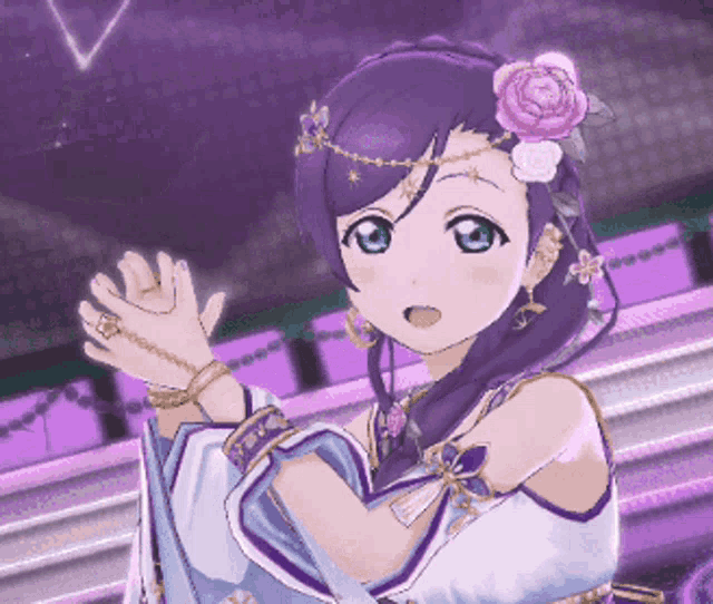 a girl with purple hair and green eyes is wearing a flower in her hair