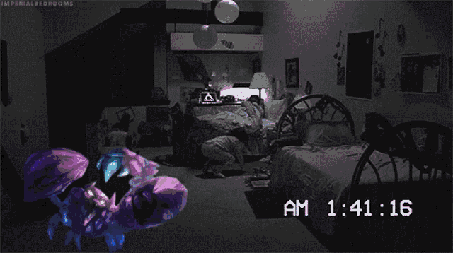 a black and white photo of a bedroom with a time of 1:41