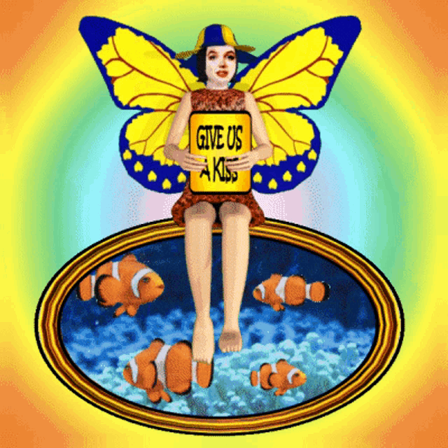 a woman with butterfly wings holds a sign that says give us a kiss