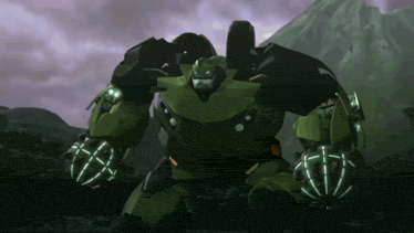 a green and black robot with glowing eyes stands in front of a mountain