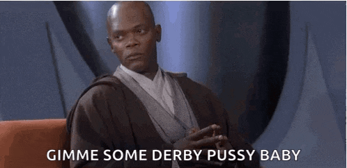 a man in a robe is sitting on a couch with his eyes closed and the words `` gimme some derby pussy baby '' .