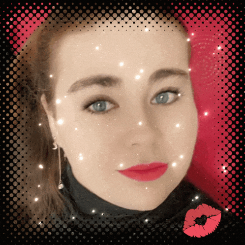 a woman with blue eyes and red lipstick is surrounded by dots and stars