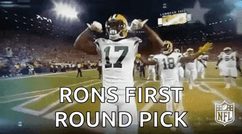 a football player with the number 17 on his jersey is celebrating on the field with his teammates .