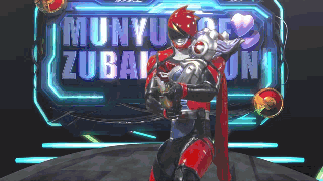 a man in a red suit is standing in front of a sign that says munyu zuban
