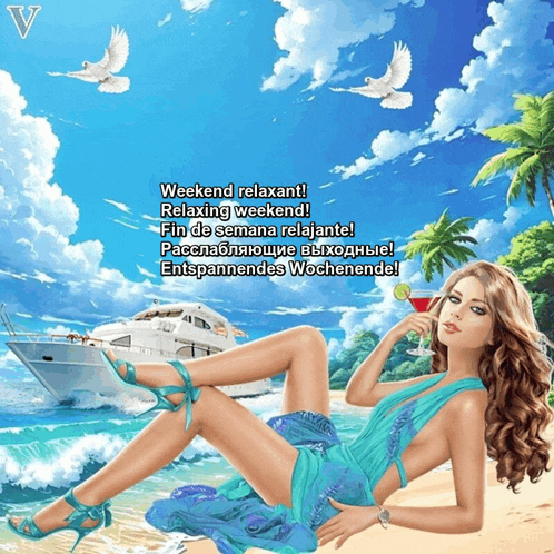 a woman laying on a beach with a drink in her hand