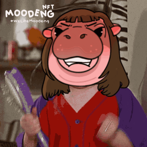 a cartoon drawing of a woman with a hippo head and the words nft moodeng
