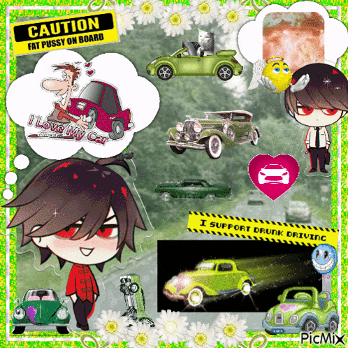 a caution sign that says fat pussy on board is surrounded by cartoon characters