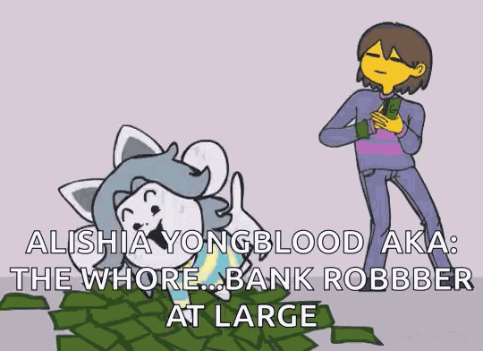 a cartoon of a person standing next to a dog with the words " alishia yongblood aka "
