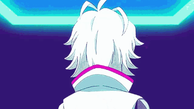 the back of a cartoon character with white hair and a pink collar .