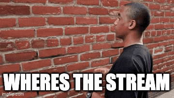 a man is standing in front of a brick wall and says where 's the stream