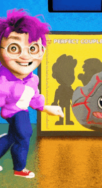 a cartoon character with purple hair and glasses stands next to a perfect couple sign