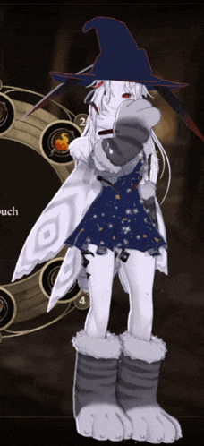 a cartoon character wearing a witch hat and gloves