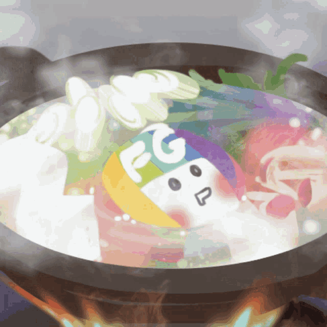 a cartoon character with a headband that says fg is cooking in a pot of food