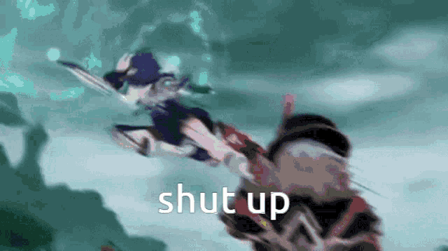 a video game character is flying through the air with the words shut up written on the screen .