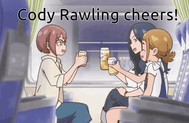 three girls are toasting with cans of beer and the words cody rawling cheers are above them