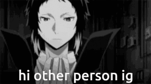 a black and white photo of a person with the words `` hi other person ig '' written on it .